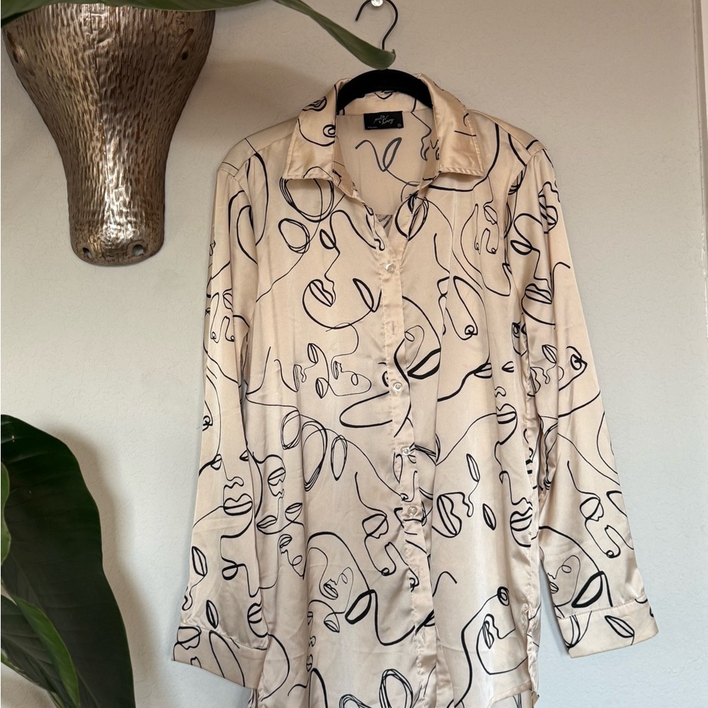 Abstract Face Print Satin Shirt